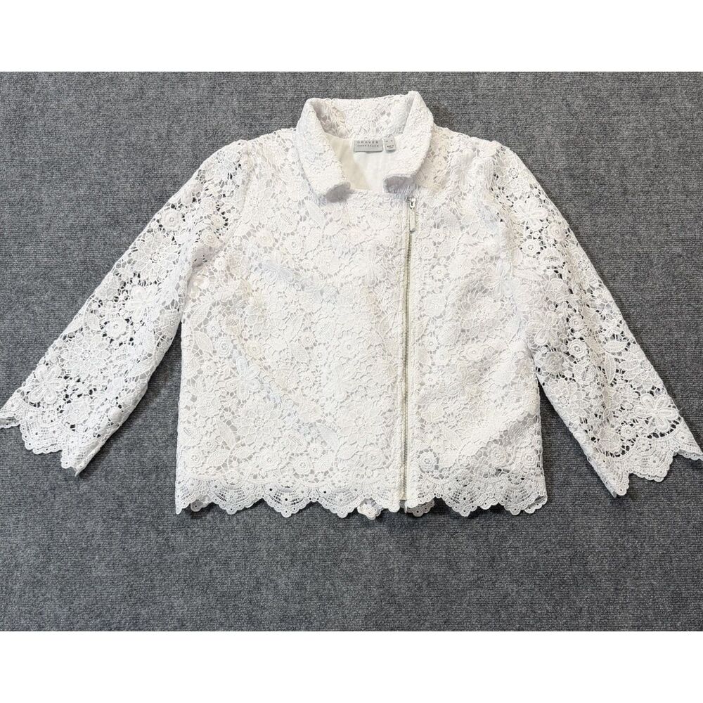 Susan Graver Women XL White Floral Lace Zip Jacket Scallop Hem Bridal Occasion